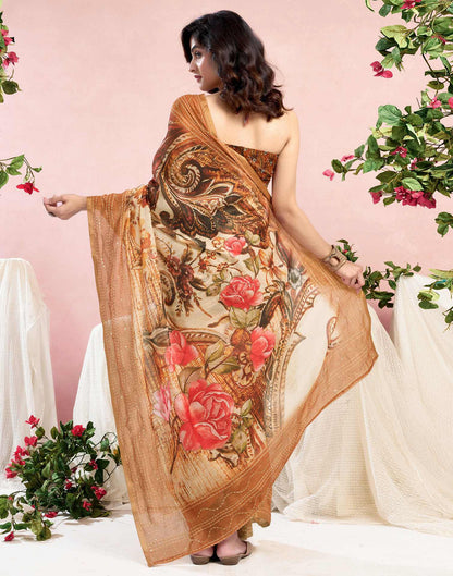 Ready To Wear Brown Chanderi Embroidery Floral Printed Saree