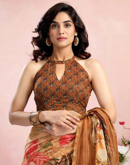 Ready To Wear Brown Chanderi Embroidery Floral Printed Saree