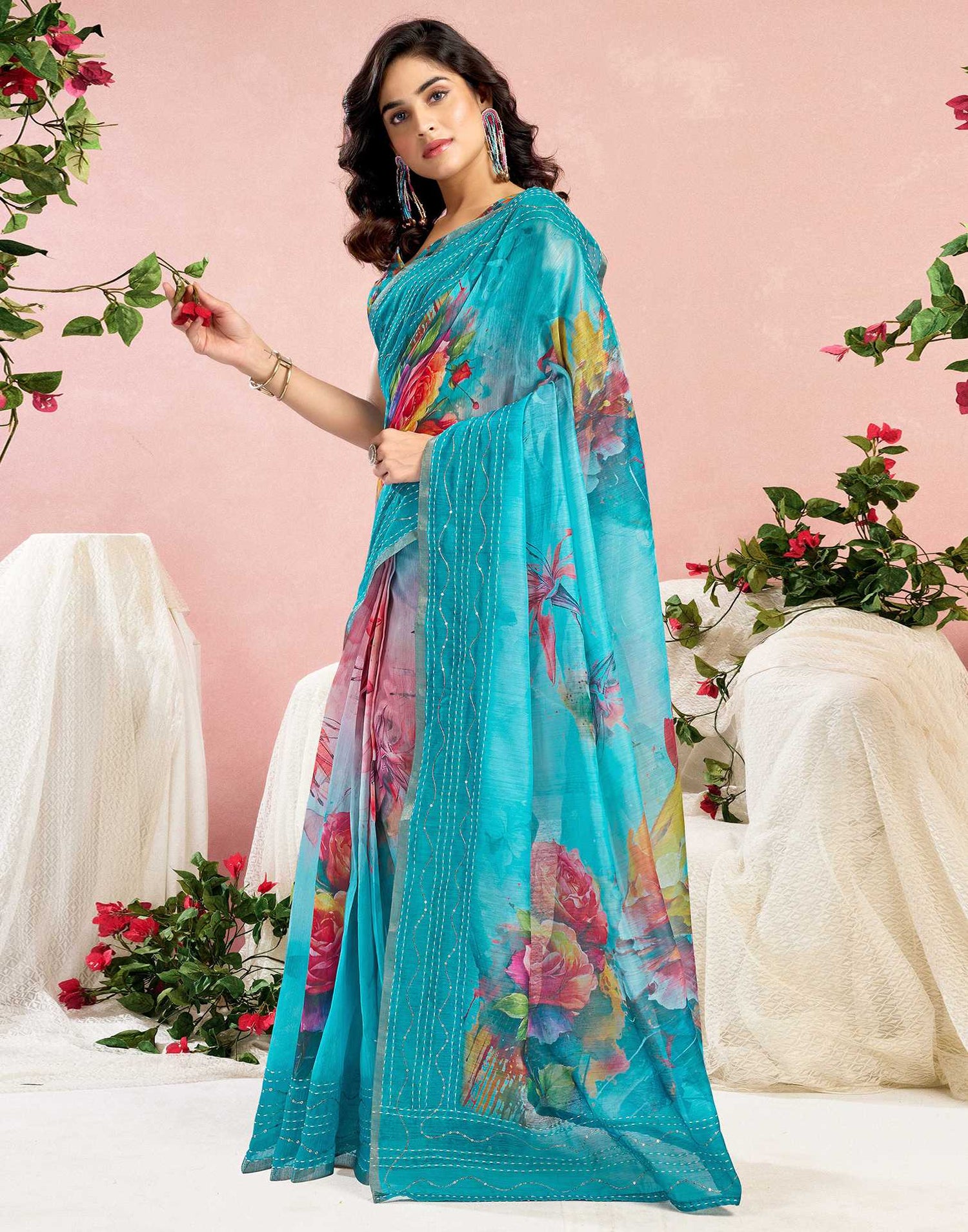 Ready To Wear Blue Chanderi Embroidery Floral Printed Saree