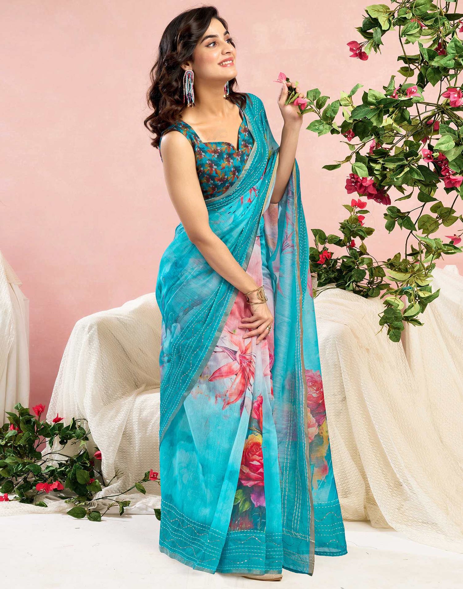 Ready To Wear Blue Chanderi Embroidery Floral Printed Saree
