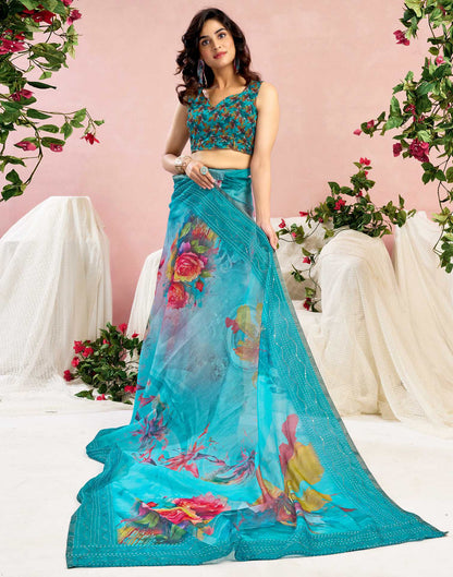 Ready To Wear Blue Chanderi Embroidery Floral Printed Saree