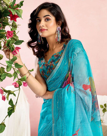 Ready To Wear Blue Chanderi Embroidery Floral Printed Saree