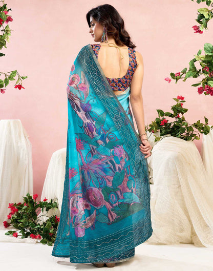 Ready To Wear Blue Chanderi Embroidery Floral Printed Saree