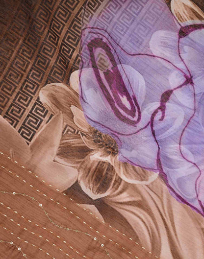 Ready To Wear Brown Chanderi Embroidery Floral Printed Saree