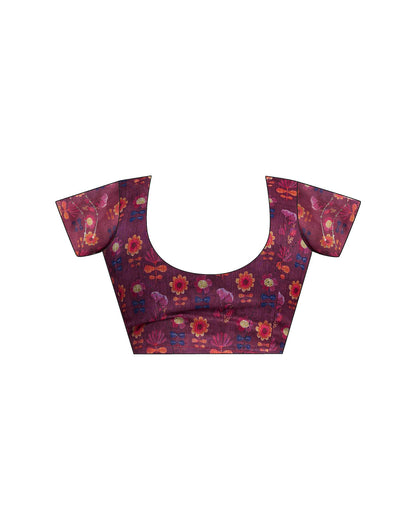 Ready To Wear Magenta Chanderi Embroidery Floral Printed Saree