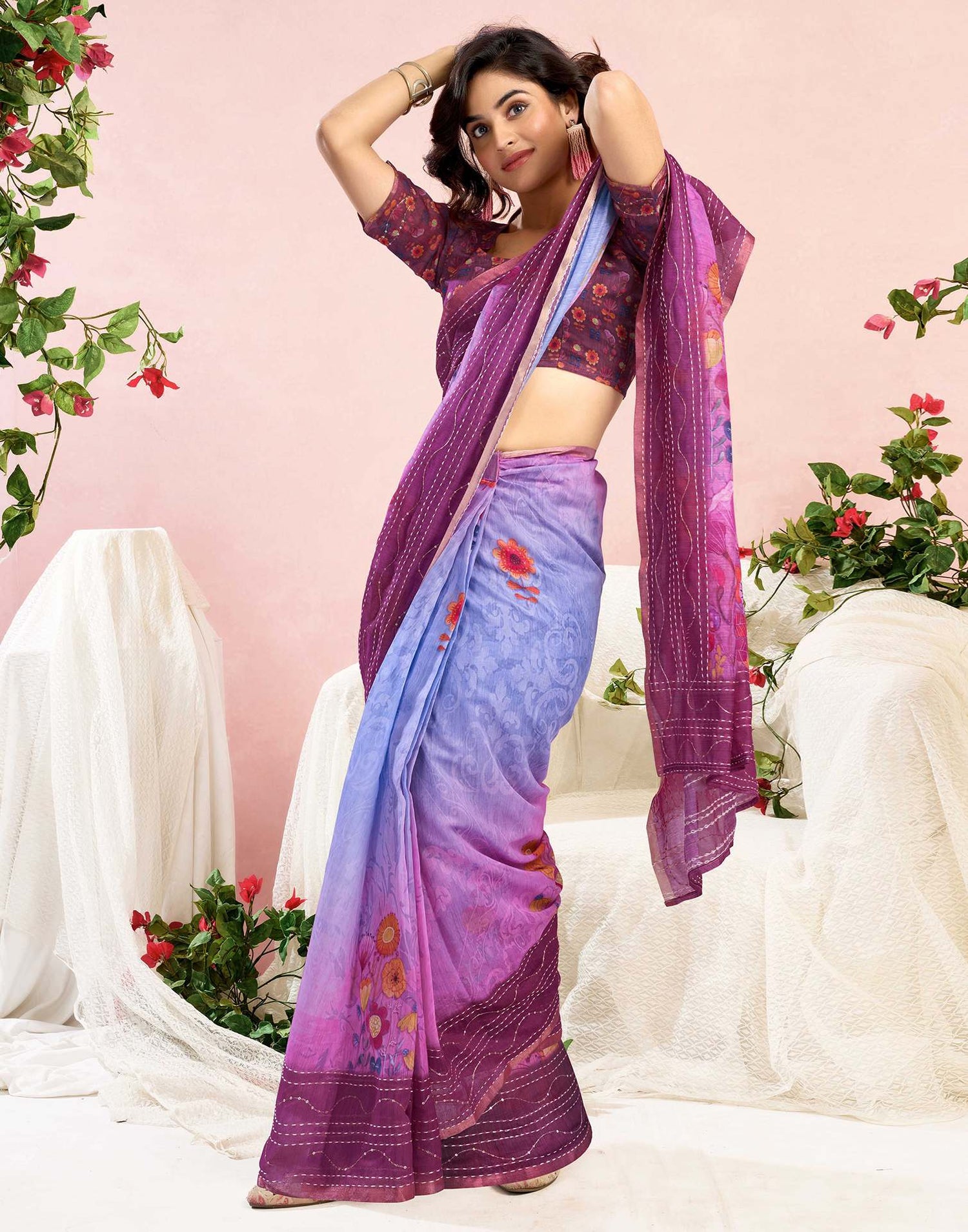 Ready To Wear Magenta Chanderi Embroidery Floral Printed Saree