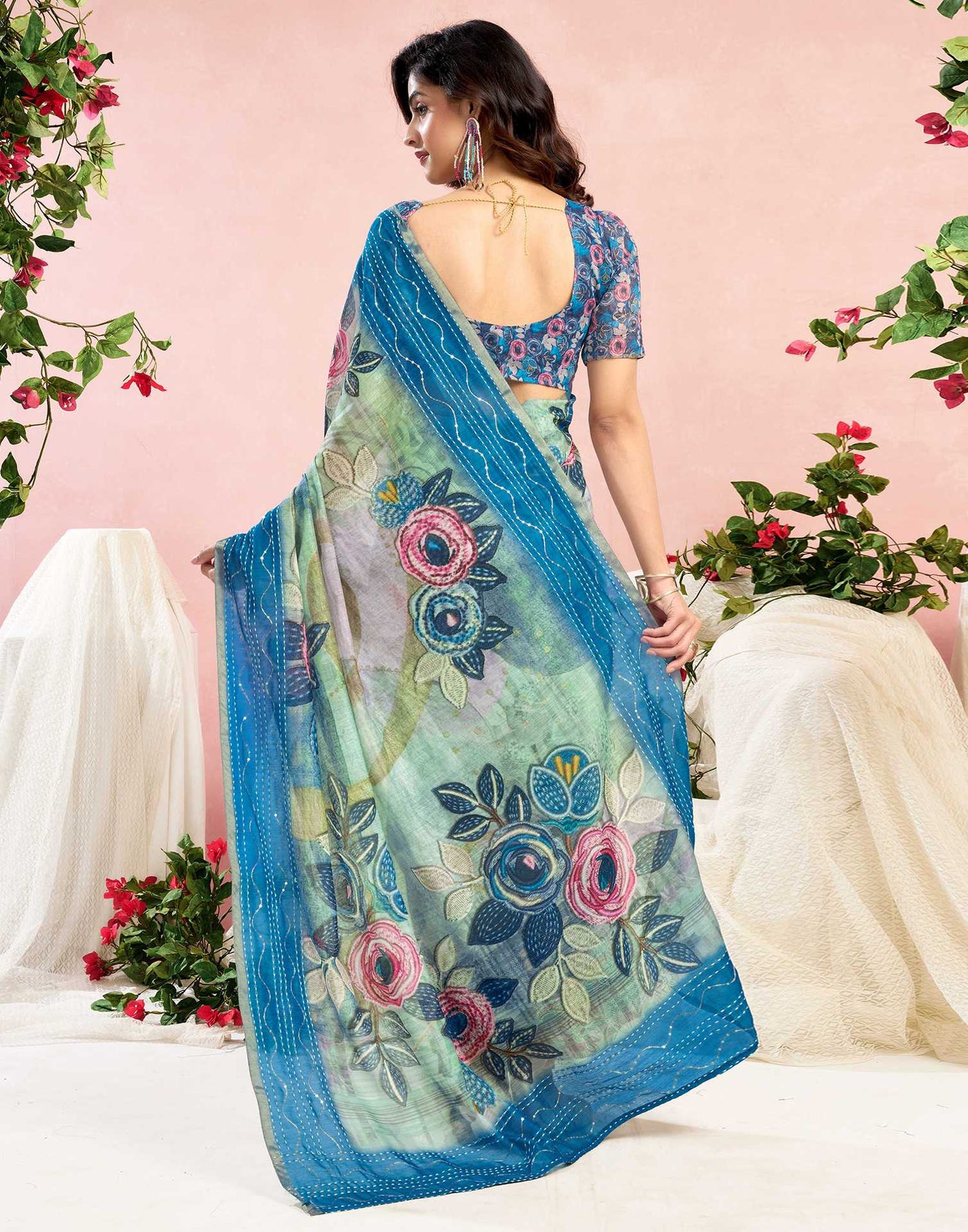 Ready To Wear Blue Chanderi Embroidery Floral Printed Saree