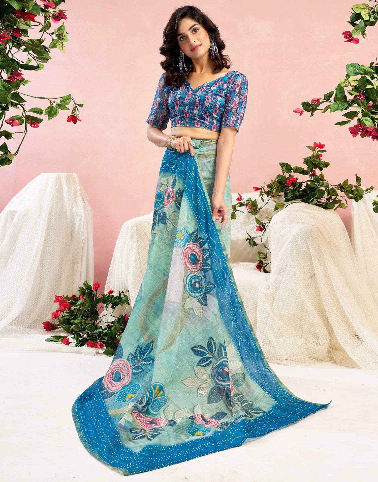 Ready To Wear Blue Chanderi Embroidery Floral Printed Saree