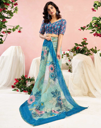 Ready To Wear Blue Chanderi Embroidery Floral Printed Saree