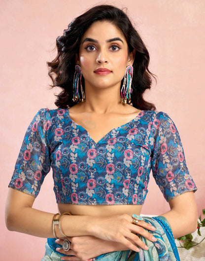 Ready To Wear Blue Chanderi Embroidery Floral Printed Saree