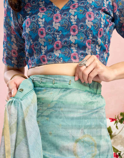 Ready To Wear Blue Chanderi Embroidery Floral Printed Saree