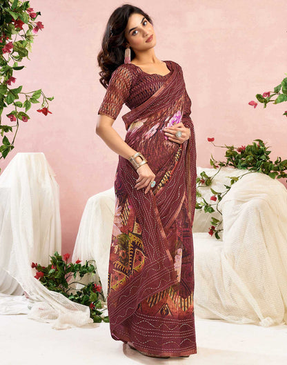 Ready To Wear Maroon Chanderi Embroidery Floral Printed Saree