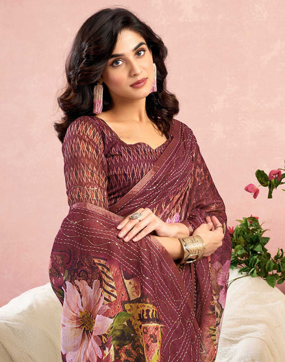 Ready To Wear Maroon Chanderi Embroidery Floral Printed Saree