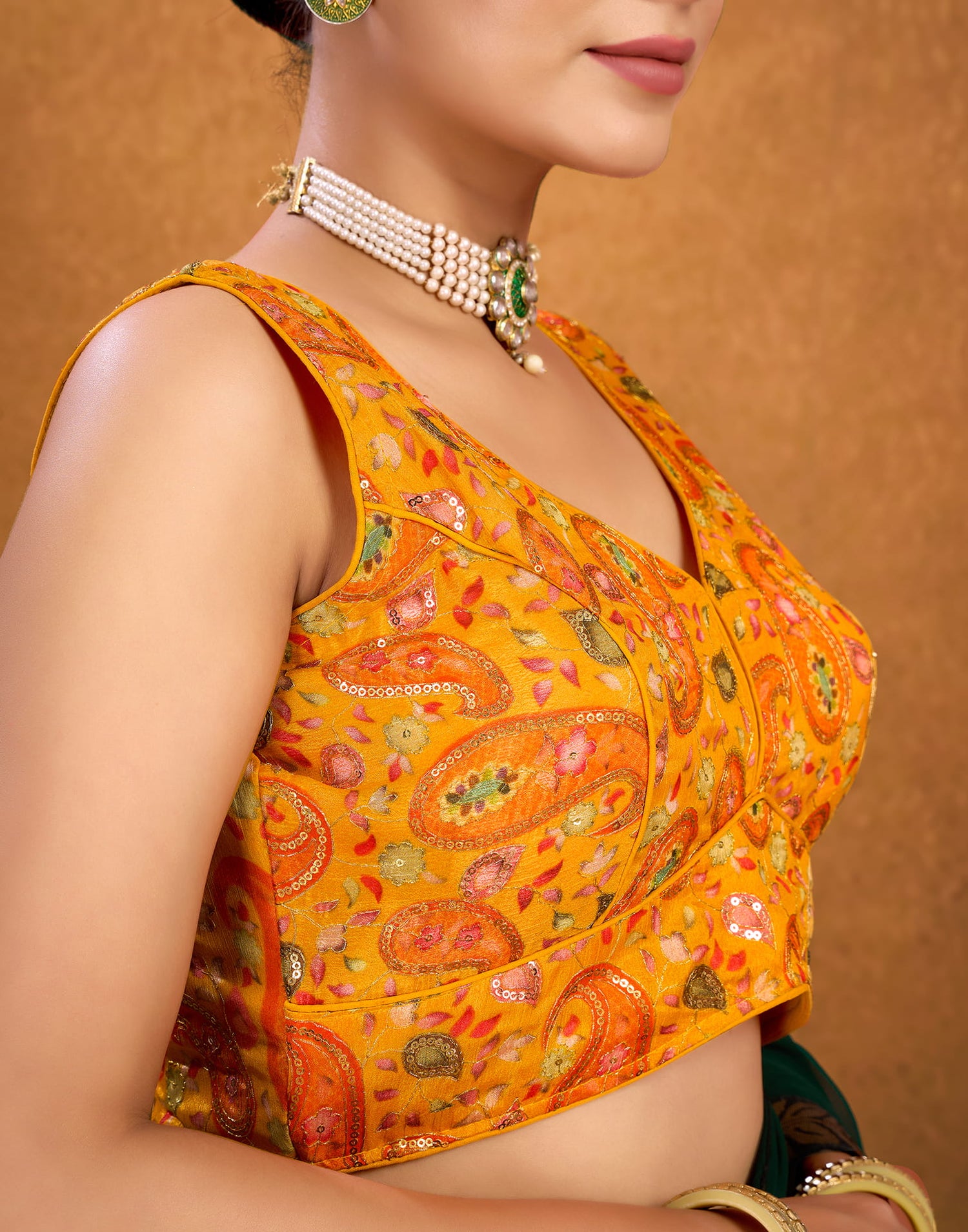 Turmeric Yellow Silk Printed Sequence Blouse