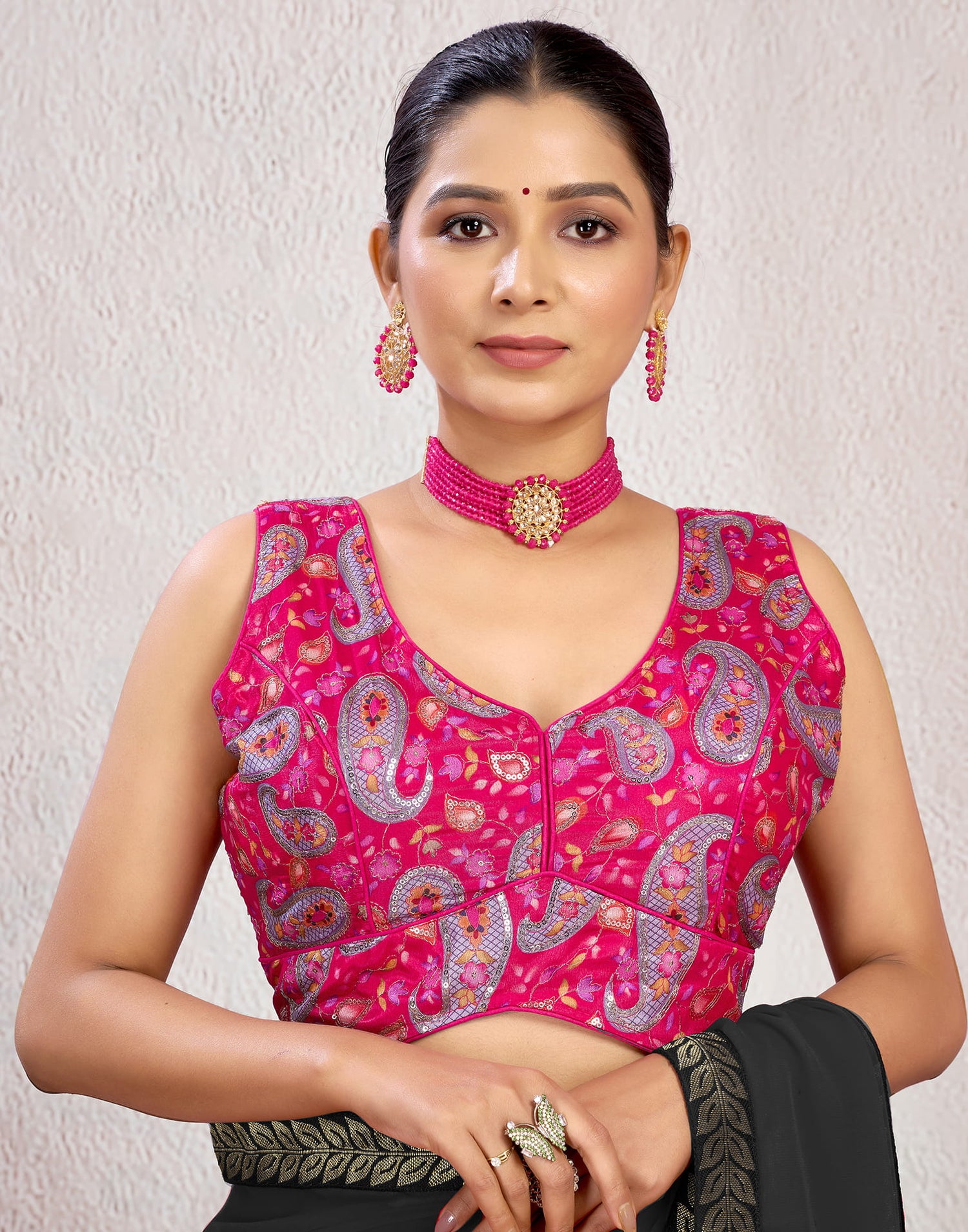 Rani Pink Silk Printed Sequence Blouse