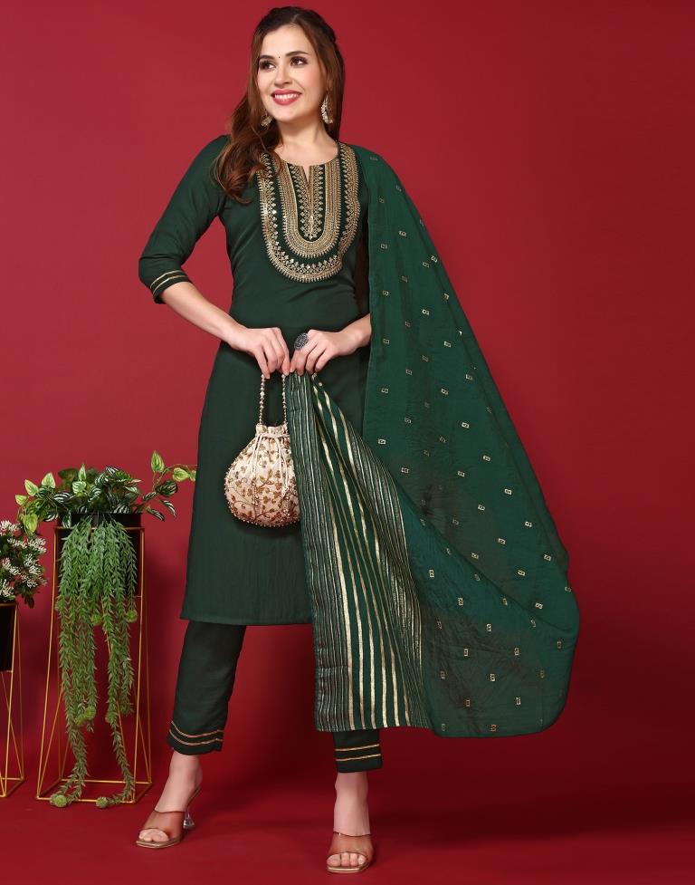 Bottle Green Embroidered Kurta With Pant And Dupatta