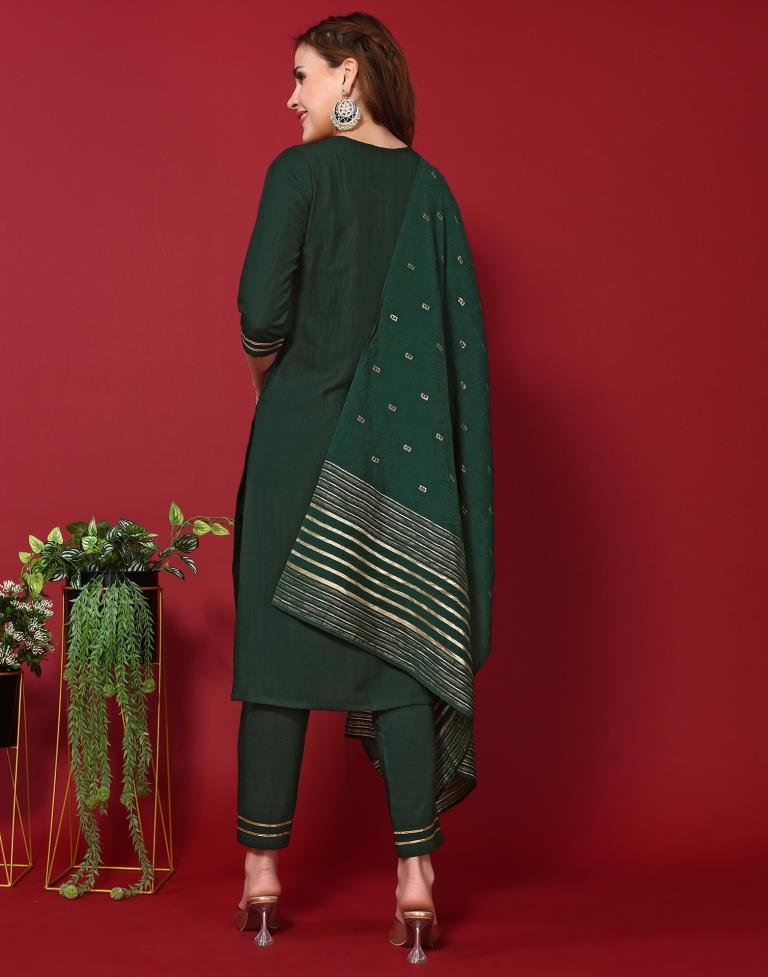 Bottle Green Embroidered Kurta With Pant And Dupatta