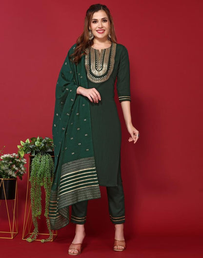 Bottle Green Embroidered Kurta With Pant And Dupatta