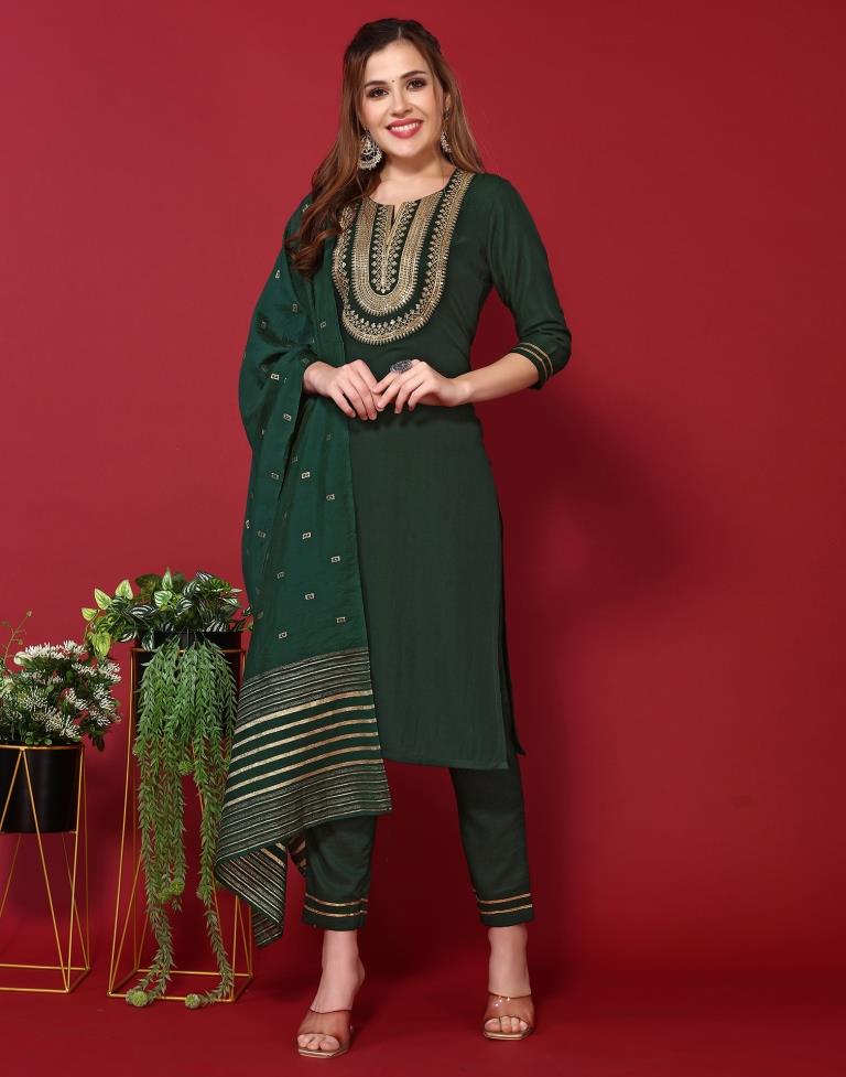 Bottle Green Embroidered Kurta With Pant And Dupatta