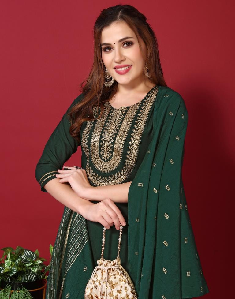 Bottle Green Embroidered Kurta With Pant And Dupatta