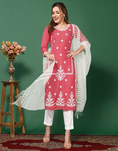 Pink Embroidery Chinnon Straight Kurta Set With Dupatta