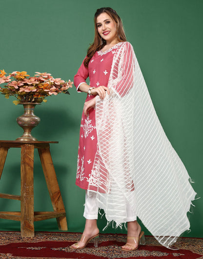 Pink Embroidery Chinnon Straight Kurta Set With Dupatta