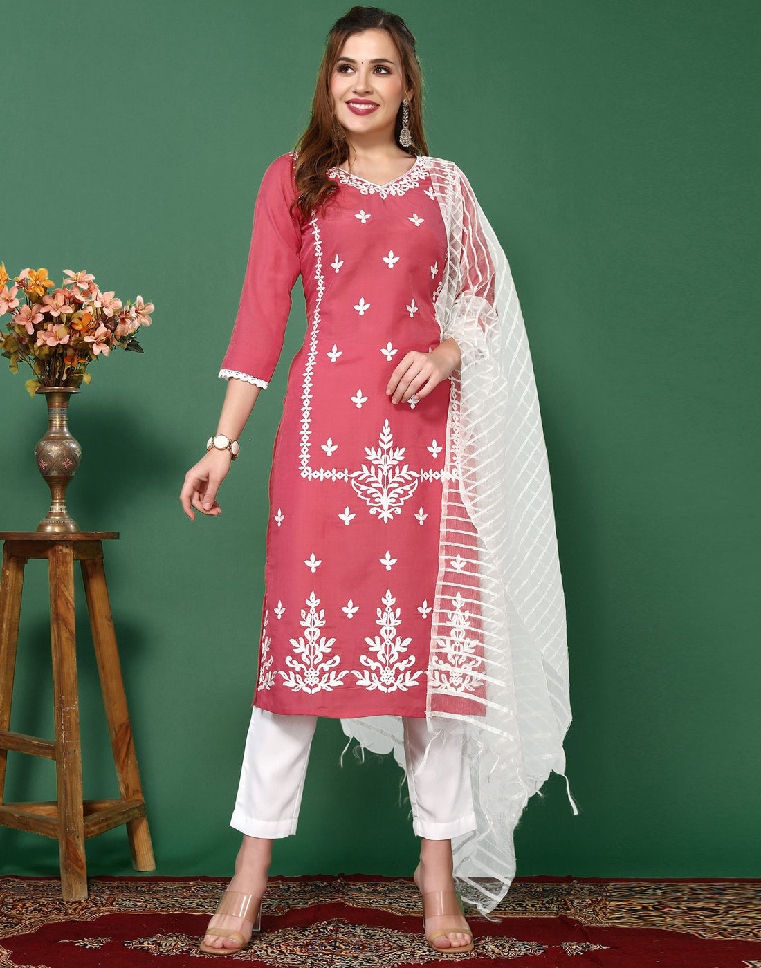 Pink Embroidery Chinnon Straight Kurta Set With Dupatta