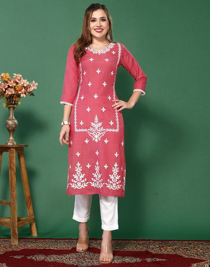 Pink Embroidery Chinnon Straight Kurta Set With Dupatta