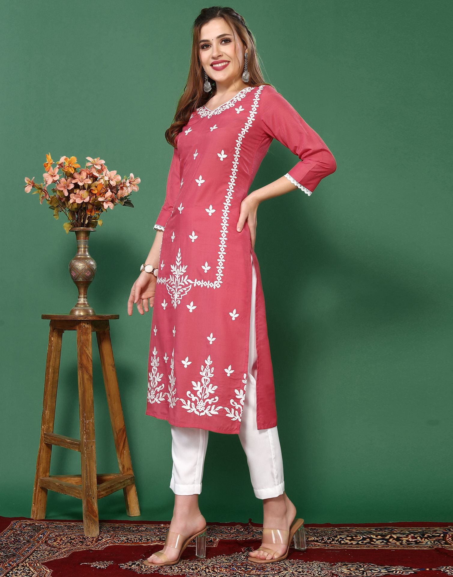 Pink Embroidery Chinnon Straight Kurta Set With Dupatta