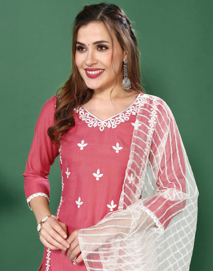 Pink Embroidery Chinnon Straight Kurta Set With Dupatta