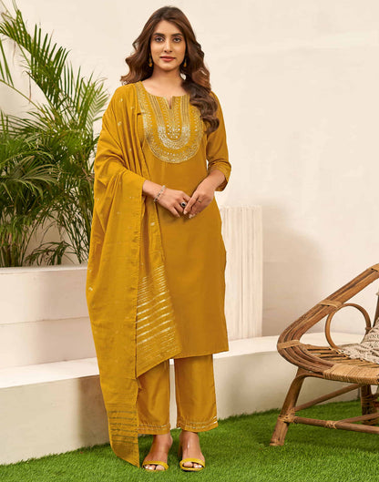 Mustard Yellow Sequence Chinnon Straight Kurta With Pant And Dupatta