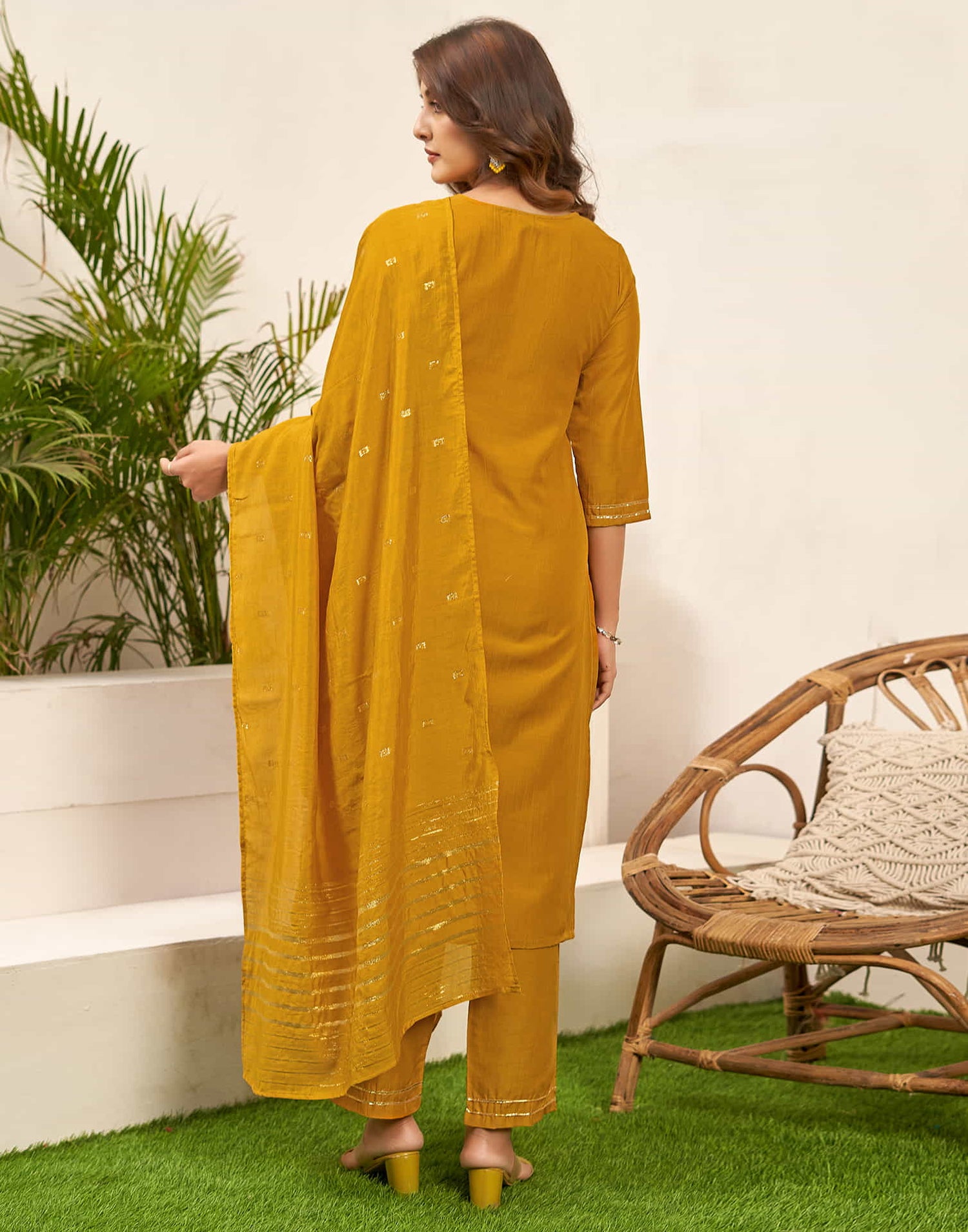 Mustard Yellow Sequence Chinnon Straight Kurta With Pant And Dupatta