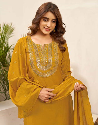 Mustard Yellow Sequence Chinnon Straight Kurta With Pant And Dupatta