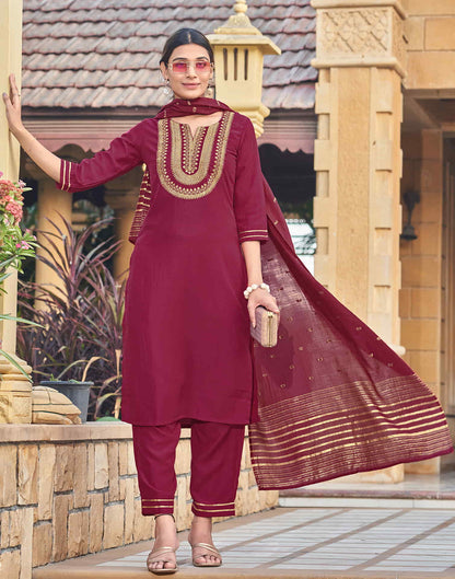 Maroon Sequence Chinnon Straight Kurta With Pant And Dupatta