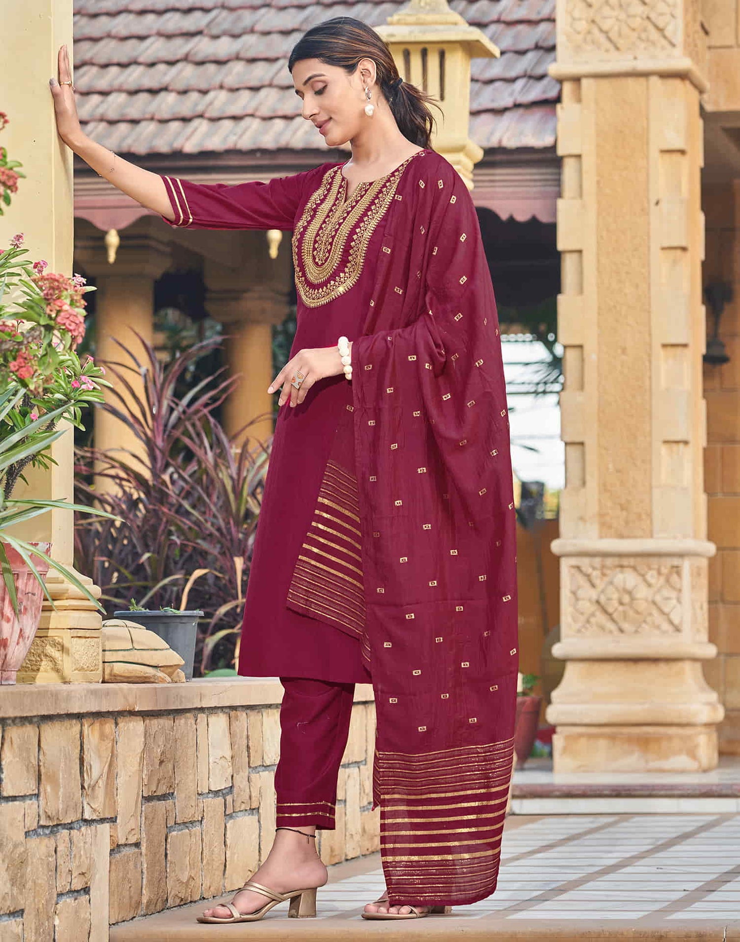 Maroon Sequence Chinnon Straight Kurta With Pant And Dupatta