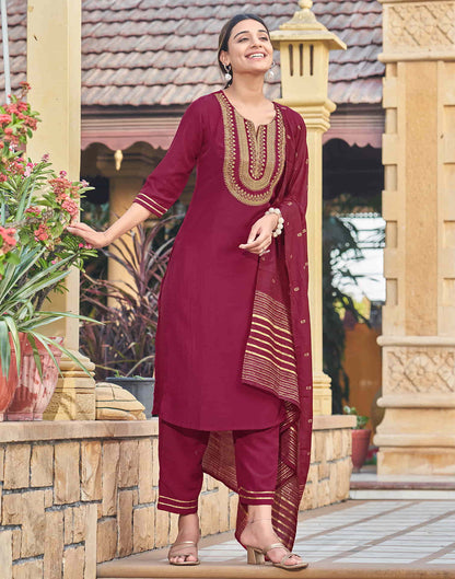 Maroon Sequence Chinnon Straight Kurta With Pant And Dupatta