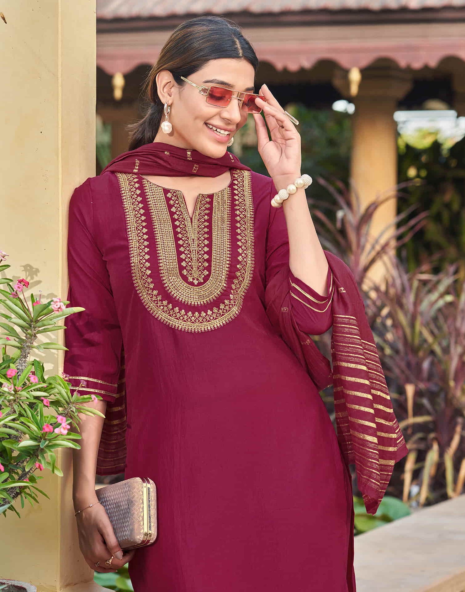 Maroon Sequence Chinnon Straight Kurta With Pant And Dupatta