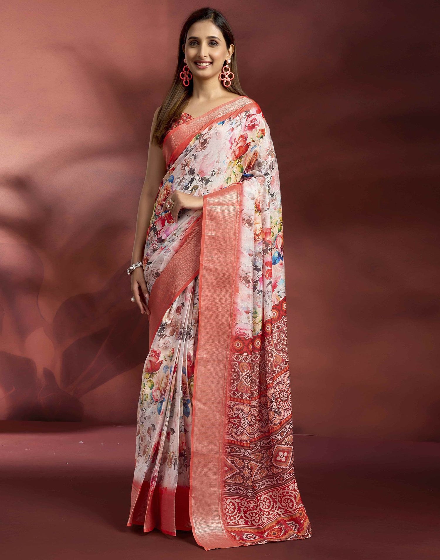 Ready To Wear Off White Dola Silk Printed Saree