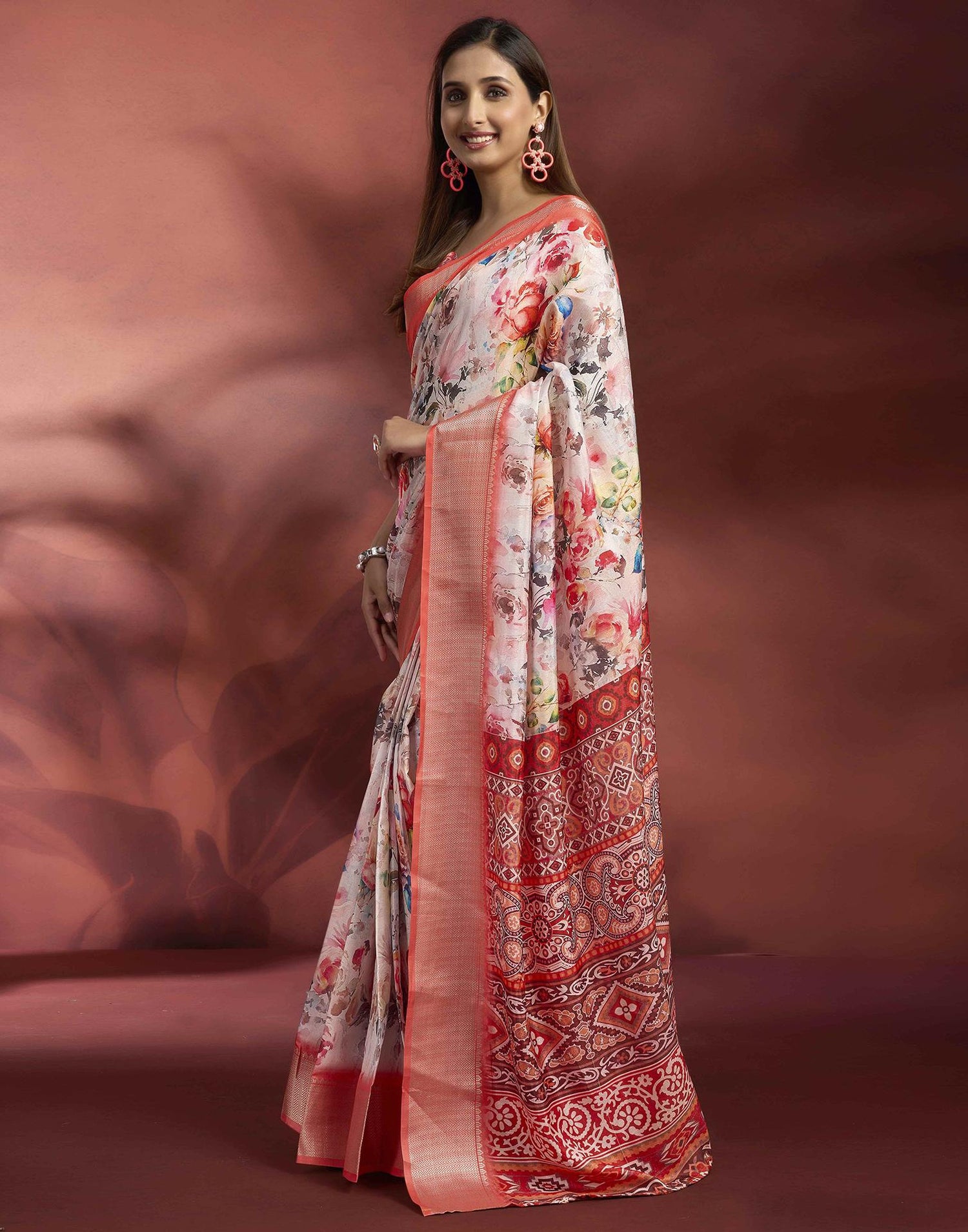 Ready To Wear Off White Dola Silk Printed Saree