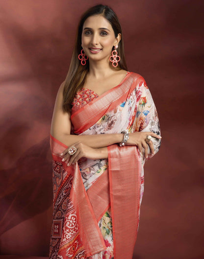Ready To Wear Off White Dola Silk Printed Saree