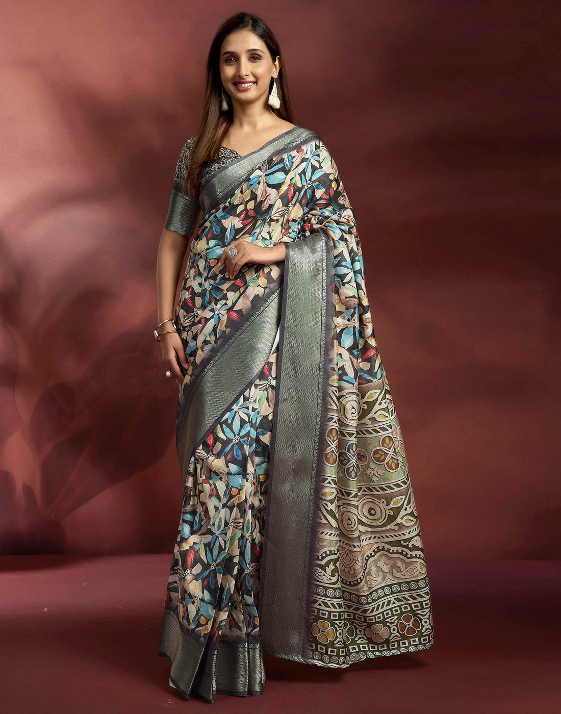 Ready To Wear Black Dola Silk Printed Saree