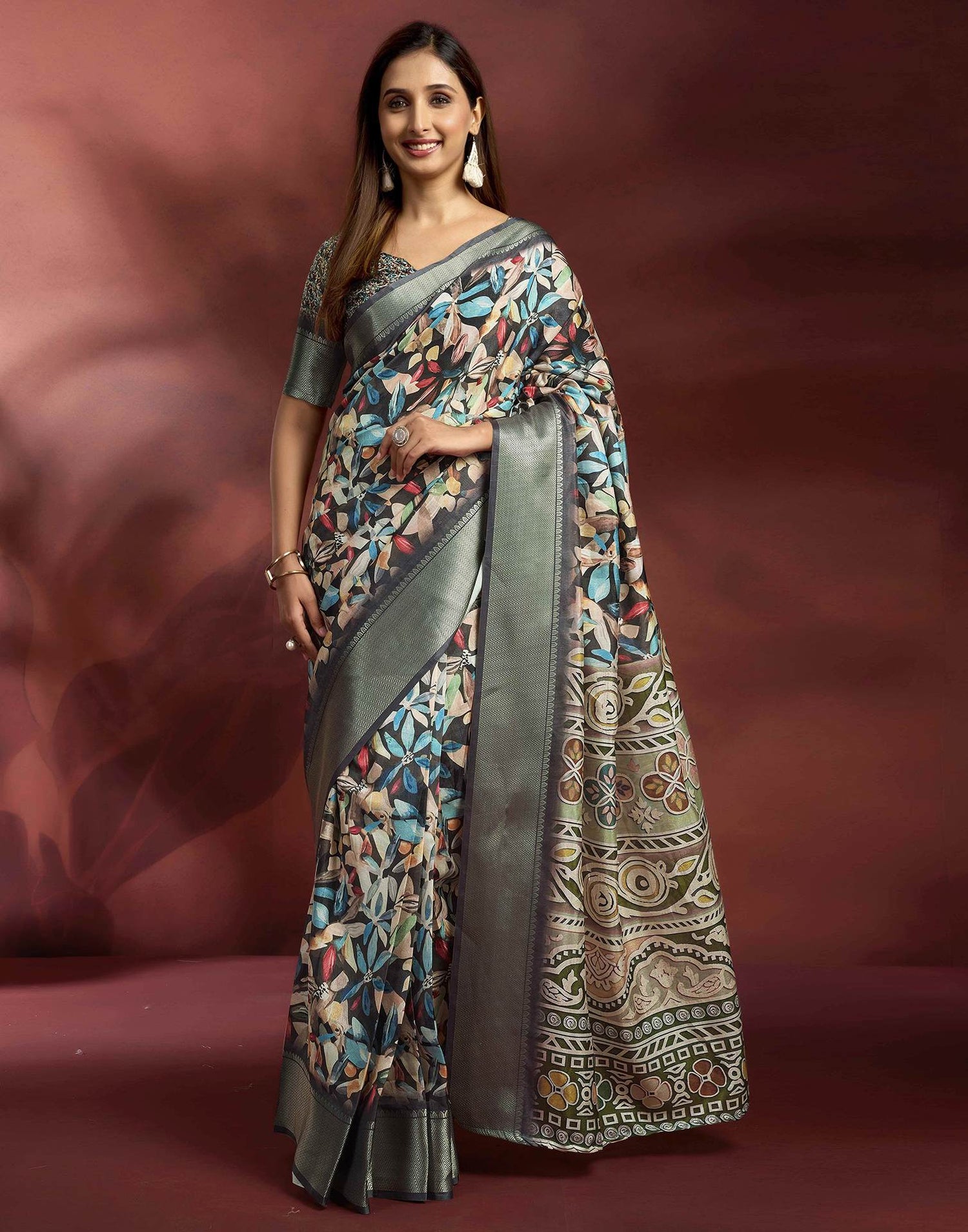 Ready To Wear Black Dola Silk Printed Saree