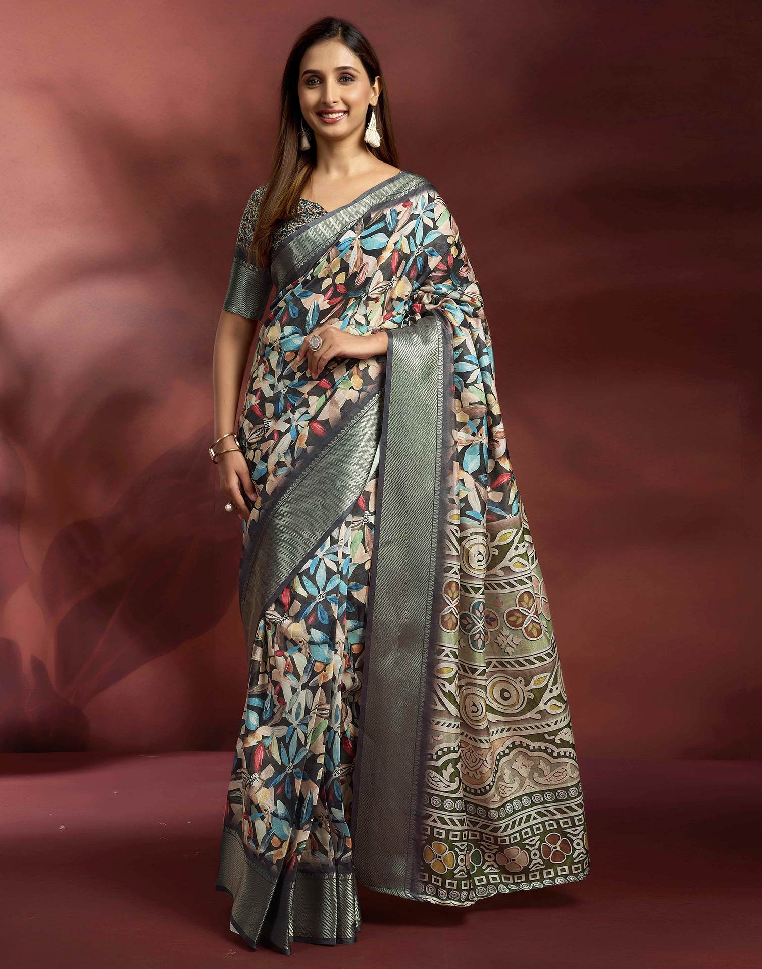 Ready To Wear Black Dola Silk Printed Saree