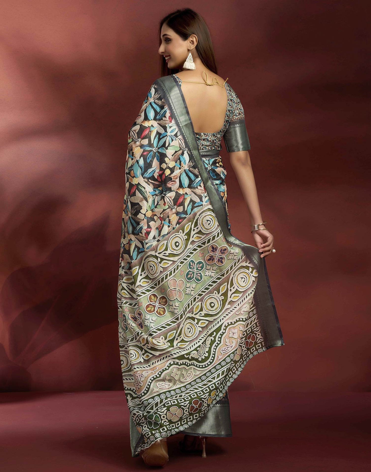 Ready To Wear Black Dola Silk Printed Saree