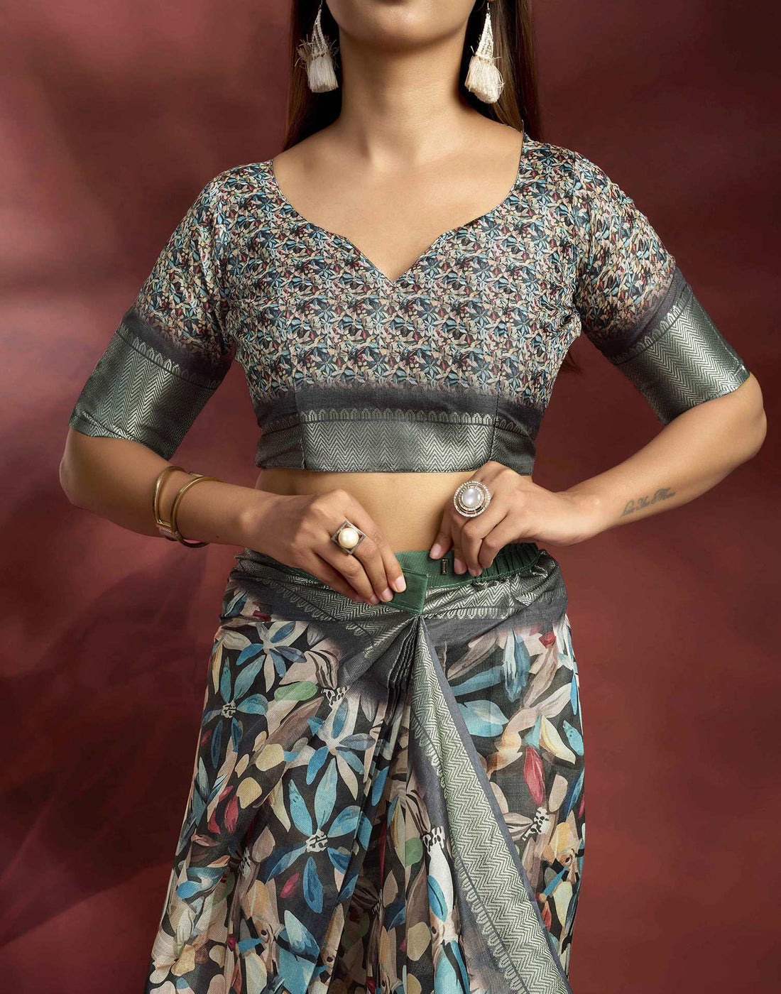 Ready To Wear Black Dola Silk Printed Saree