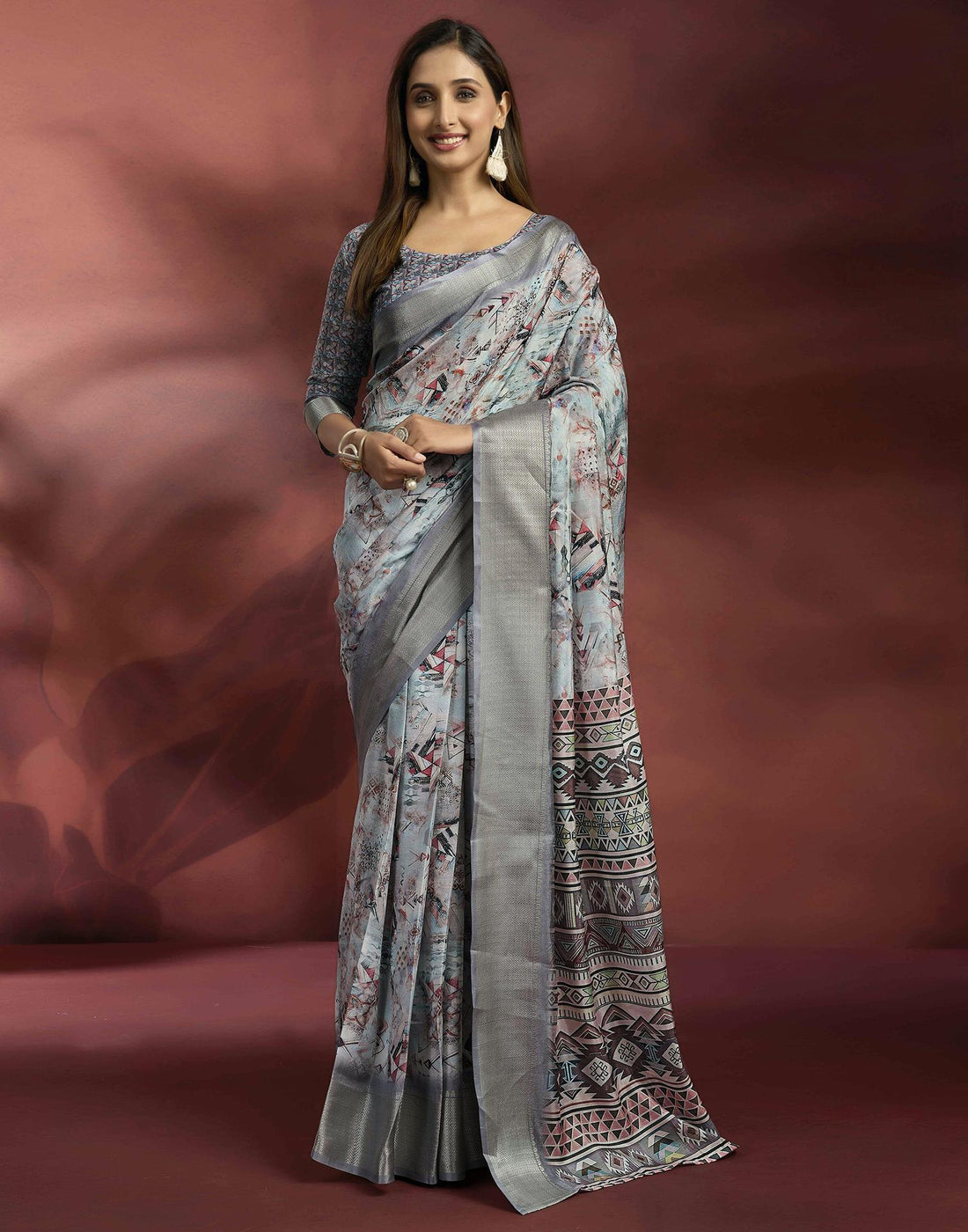 Ready To Wear Grey Dola Silk Printed Saree