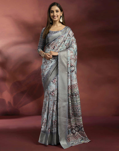 Ready To Wear Grey Dola Silk Printed Saree