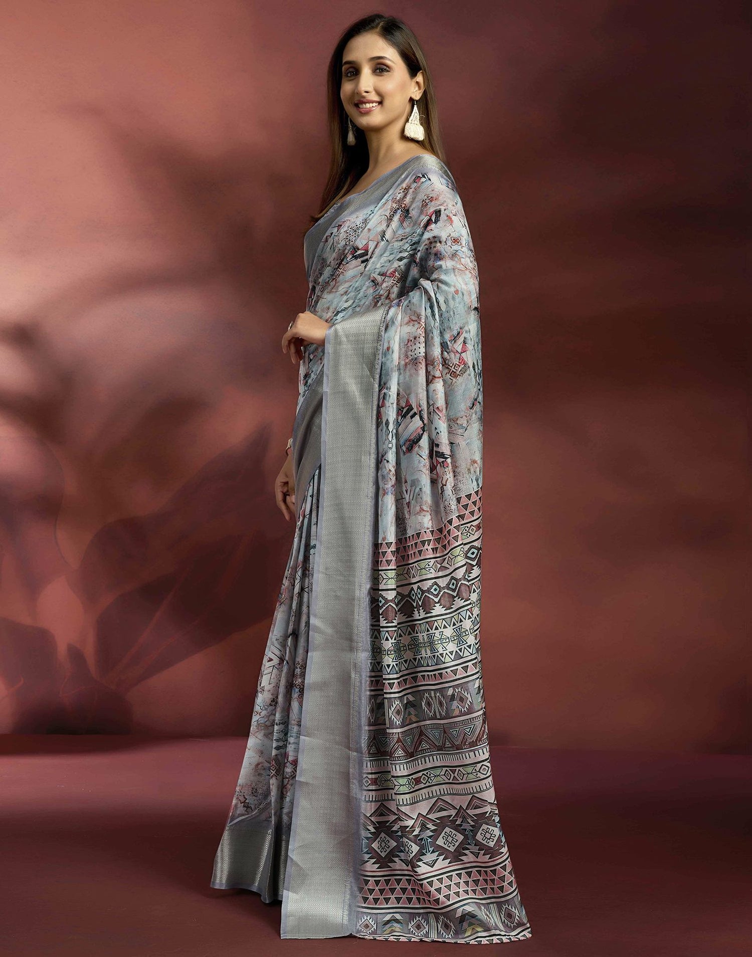 Ready To Wear Grey Dola Silk Printed Saree