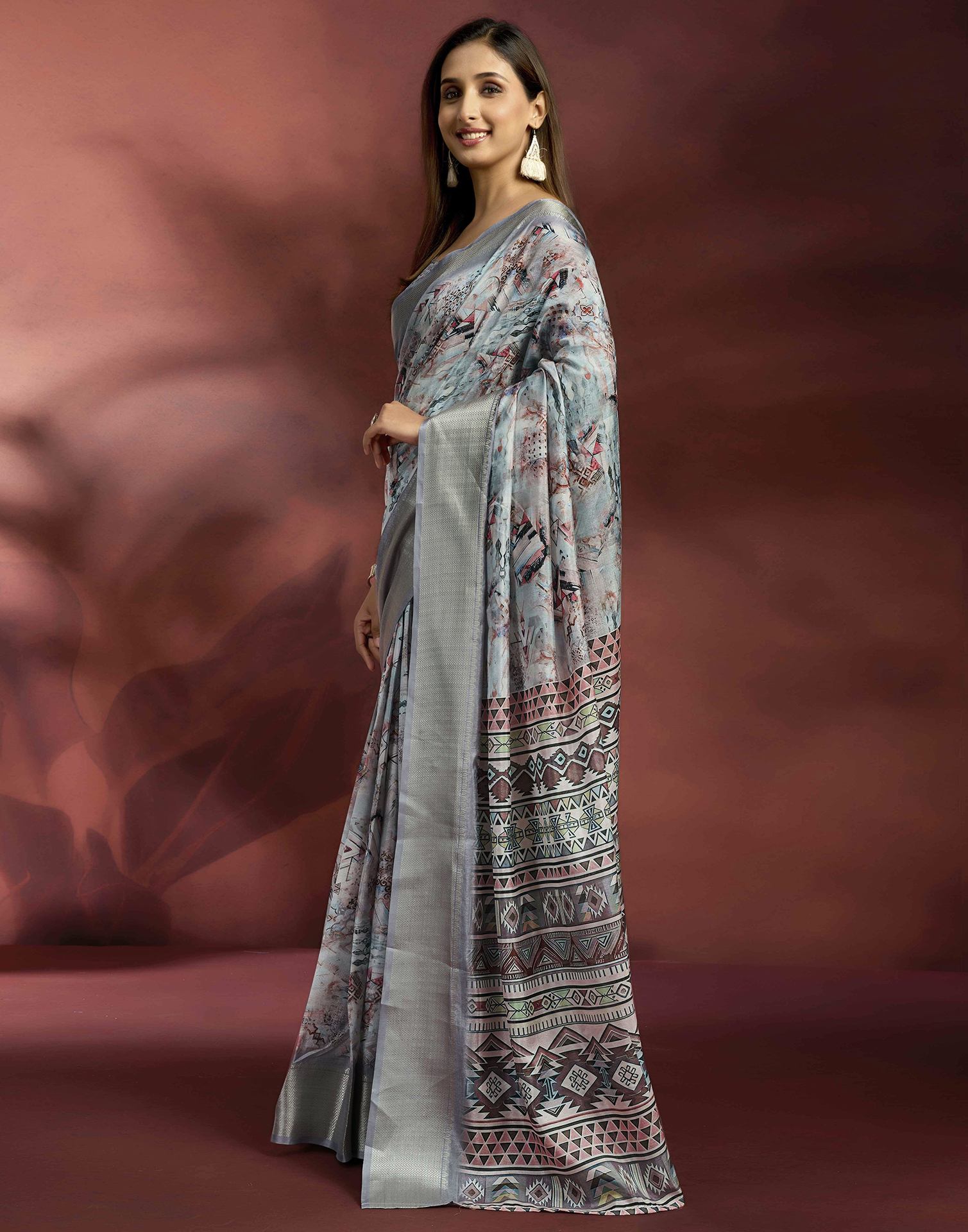 Ready To Wear Grey Dola Silk Printed Saree