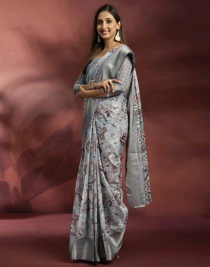 Ready To Wear Grey Dola Silk Printed Saree